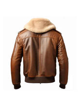 Back view of a men’s brown shearling fur leather jacket